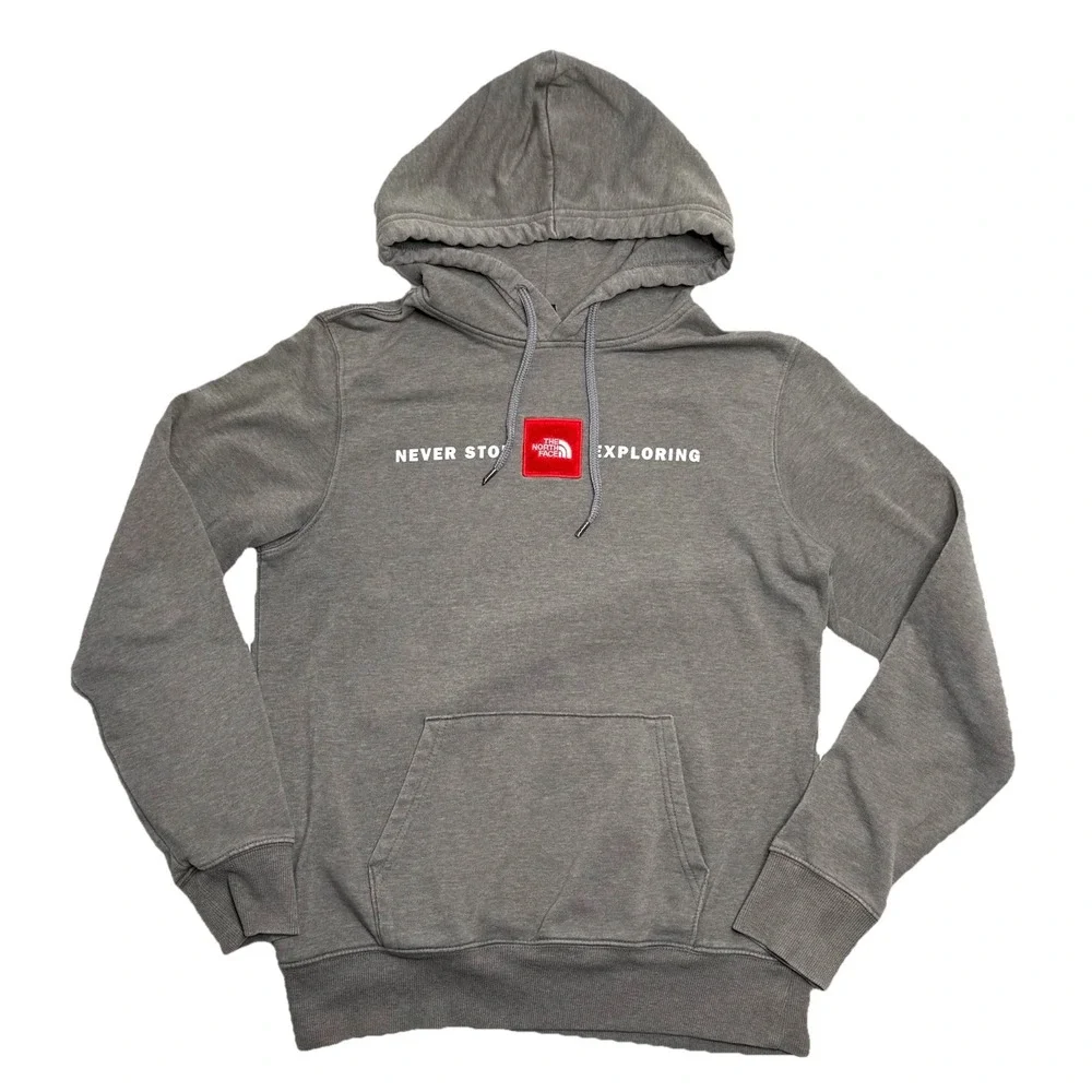 The North Face Hoodie Red Box Mens Small Gray Hooded‎ Sweatshirt Exploring HOLE